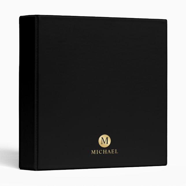 Luxury Black and Gold Personalized Monogram 3 Ring Binder (Front/Spine)