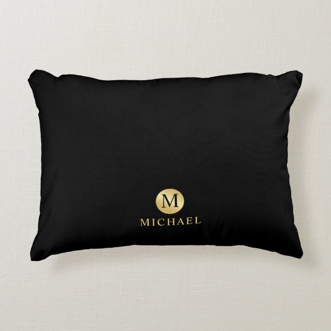 Luxury Black and Gold Personalized Monogram Accent Pillow (Front)