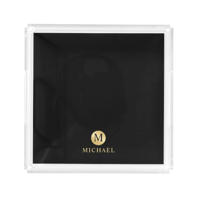 Luxury Black and Gold Personalized Monogram Acrylic Tray (Front)