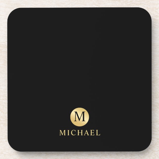 Luxury Black and Gold Personalized Monogram Beverage Coaster (Front)