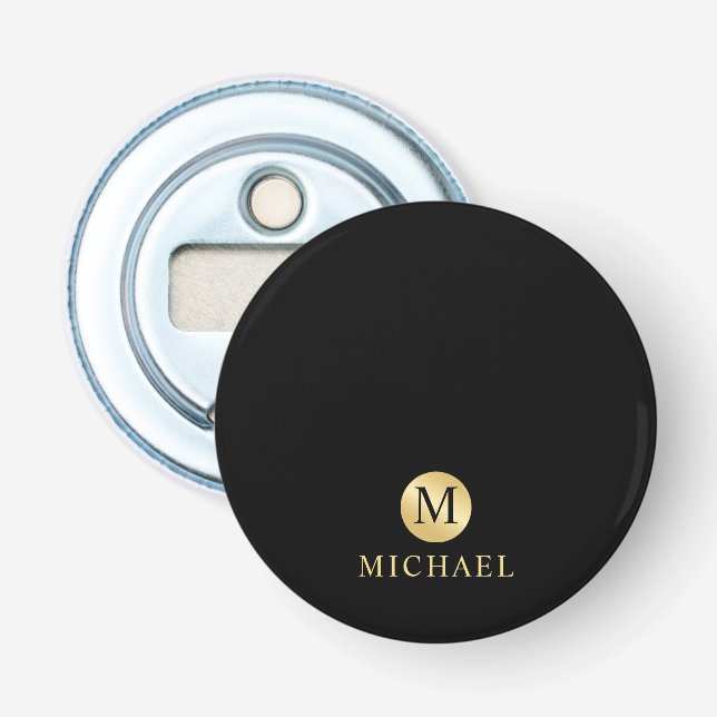 Luxury Black and Gold Personalized Monogram Bottle Opener (Front)
