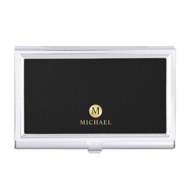 Luxury Black and Gold Personalized Monogram Business Card Case (Front)