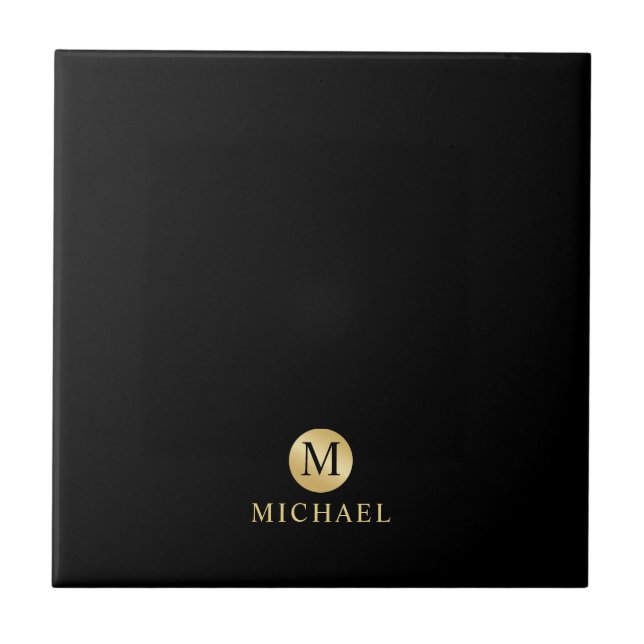 Luxury Black and Gold Personalized Monogram Ceramic Tile (Front)