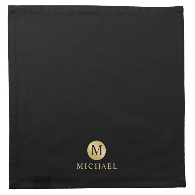 Luxury Black and Gold Personalized Monogram Cloth Napkin (Front)