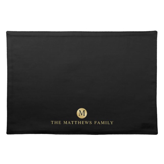 Luxury Black and Gold Personalized Monogram Cloth Placemat (Front)