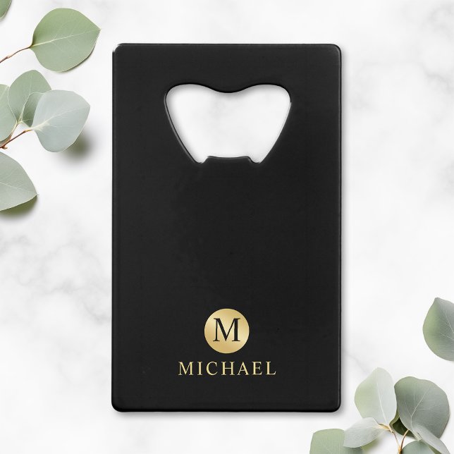 Luxury Black and Gold Personalized Monogram Credit Card Bottle Opener (Creator Uploaded)