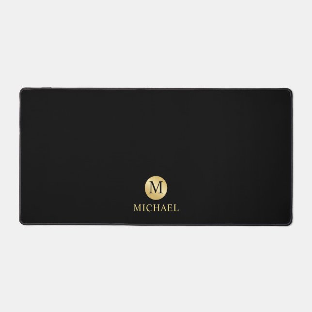 Luxury Black and Gold Personalized Monogram Desk Mat (Front)