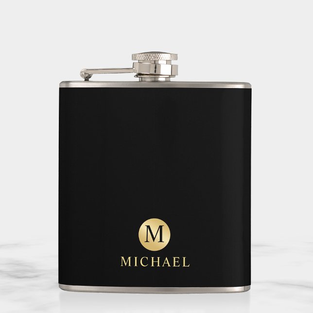 Luxury Black and Gold Personalized Monogram Flask (Creator Uploaded)