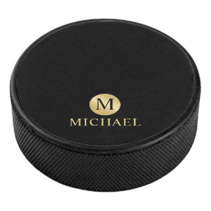 Luxury Black and Gold Personalized Monogram Hockey Puck