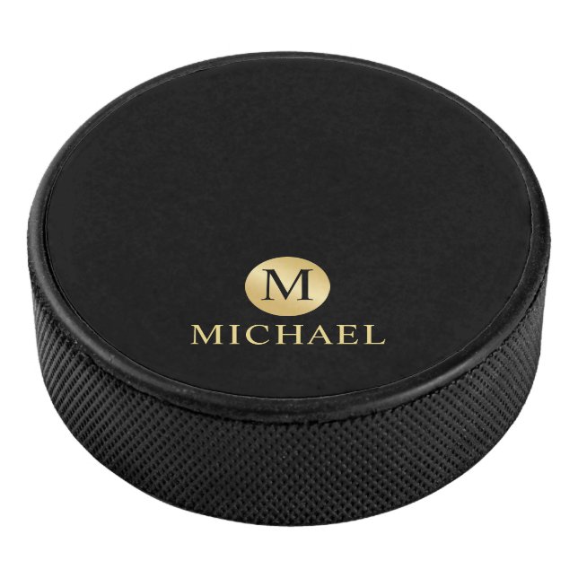 Luxury Black and Gold Personalized Monogram Hockey Puck (3/4)
