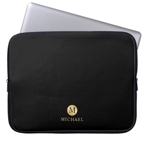 Luxury Black and Gold Personalized Monogram Laptop Sleeve