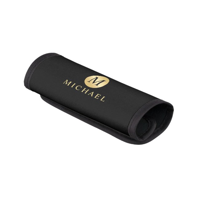 Luxury Black and Gold Personalized Monogram Luggage Handle Wrap (Angled)