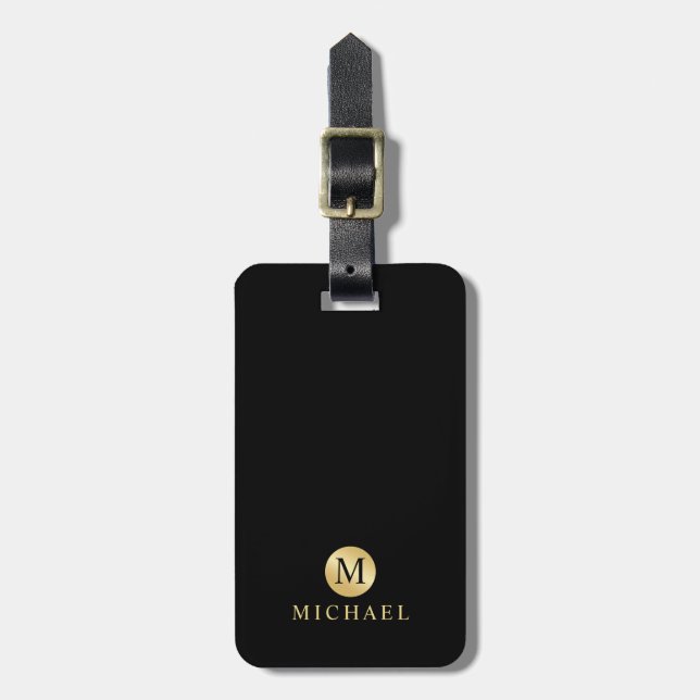 Luxury Black and Gold Personalized Monogram Luggage Tag (Front Vertical)