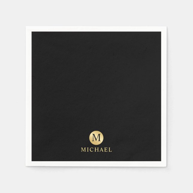 Luxury Black and Gold Personalized Monogram Napkins (Front)