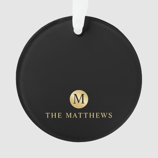 Luxury Black and Gold Personalized Monogram Ornament (Front)