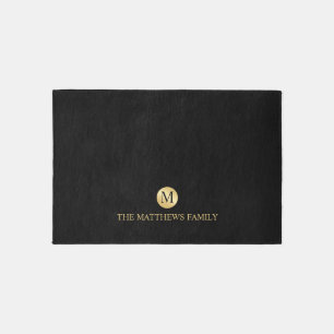 Luxury Black and Gold Personalized Monogram Outdoor Rug