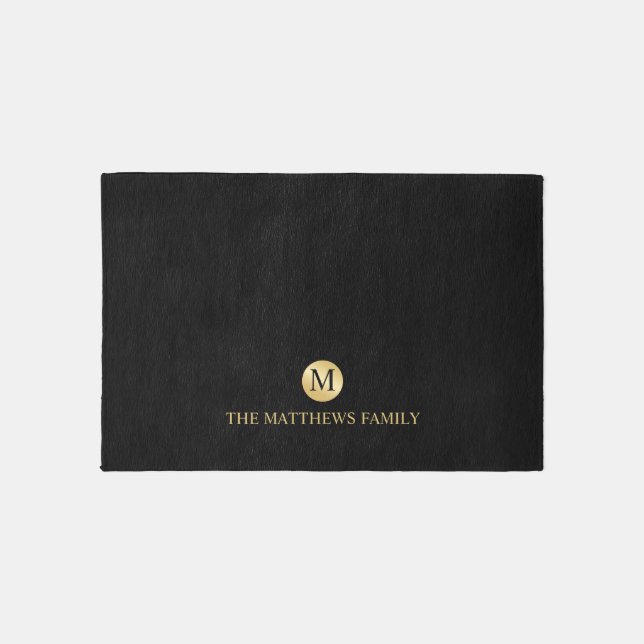 Luxury Black and Gold Personalized Monogram Outdoor Rug (Front)