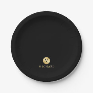 Luxury Black and Gold Personalized Monogram Paper Plates