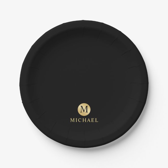 Luxury Black and Gold Personalized Monogram Paper Plates (Front)