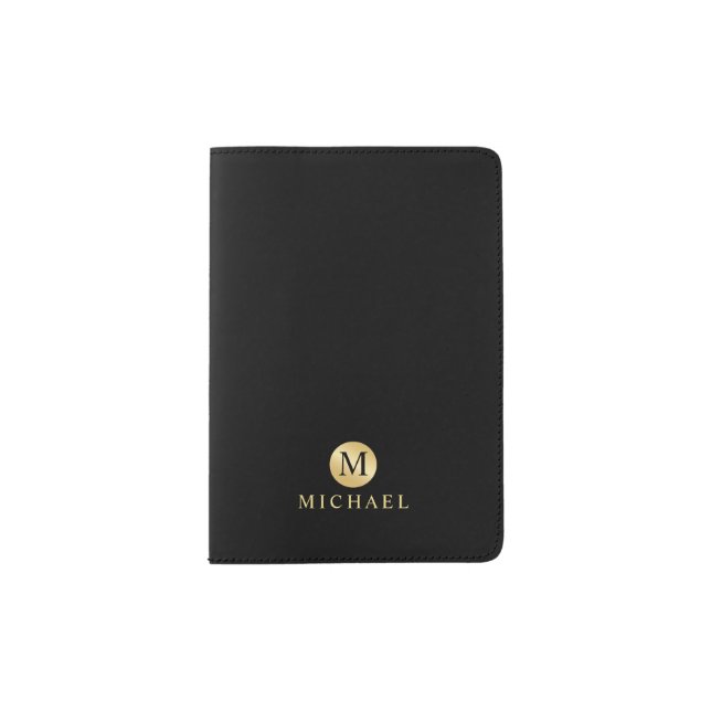 Luxury Black and Gold Personalized Monogram Passport Holder (Front)