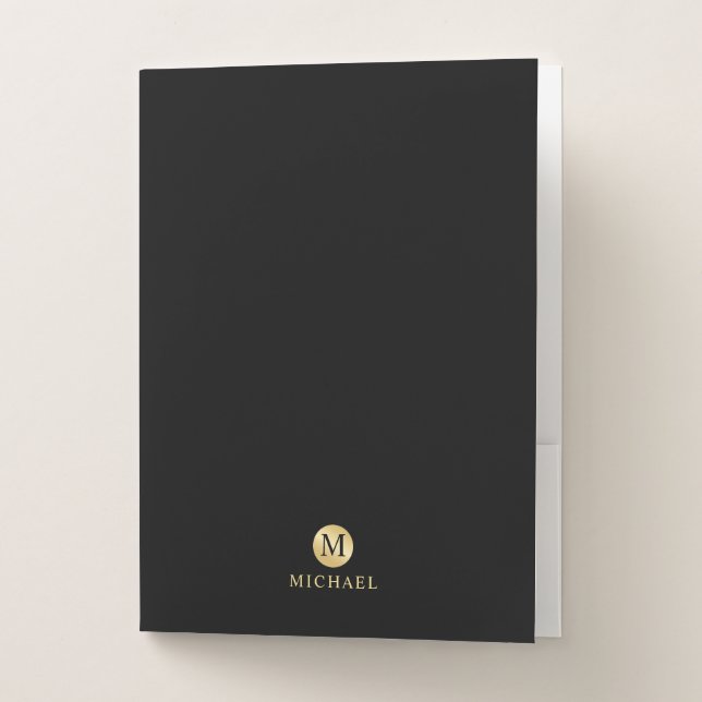 Luxury Black and Gold Personalized Monogram Pocket Folder (Front)