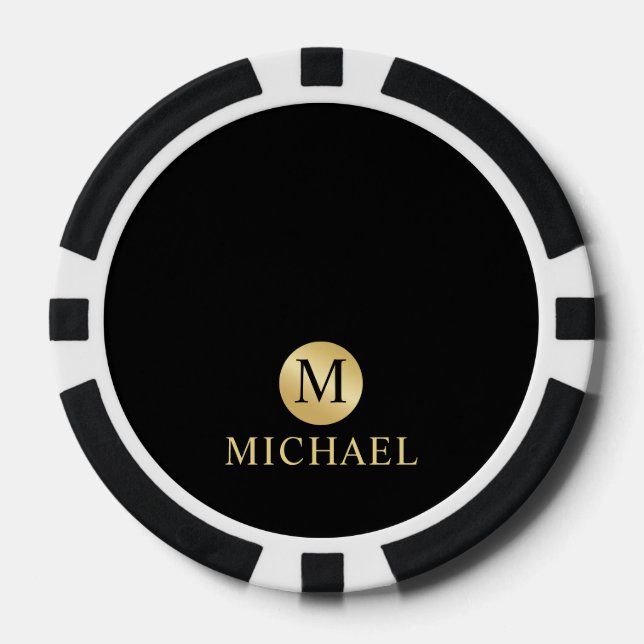 Luxury Black and Gold Personalized Monogram Poker Chips (Front)