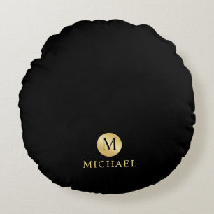 Luxury Black and Gold Personalized Monogram Round Pillow