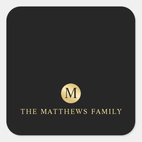 Luxury Black and Gold Personalized Monogram Square Sticker