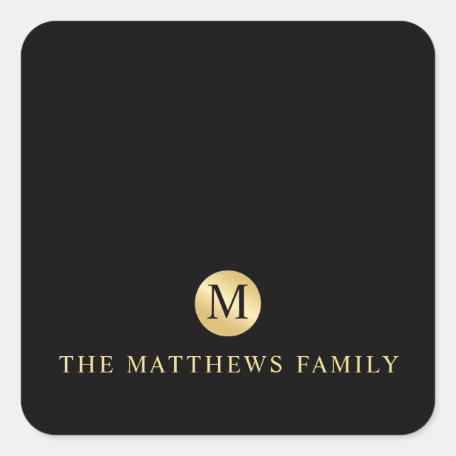 Luxury Black and Gold Personalized Monogram Square Sticker (Front)