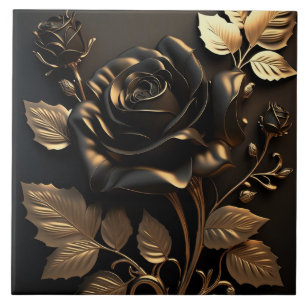 Luxury Black and Gold Rose Ceramic Tile