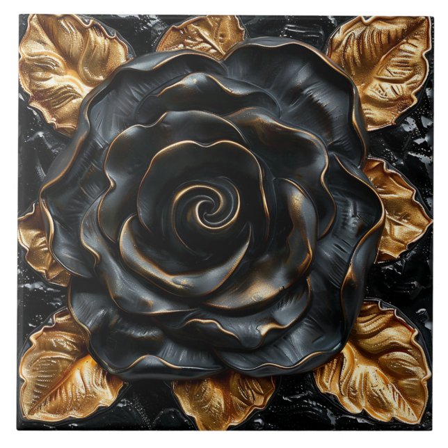 Luxury Black and Gold Rose Ceramic Tile (Front)