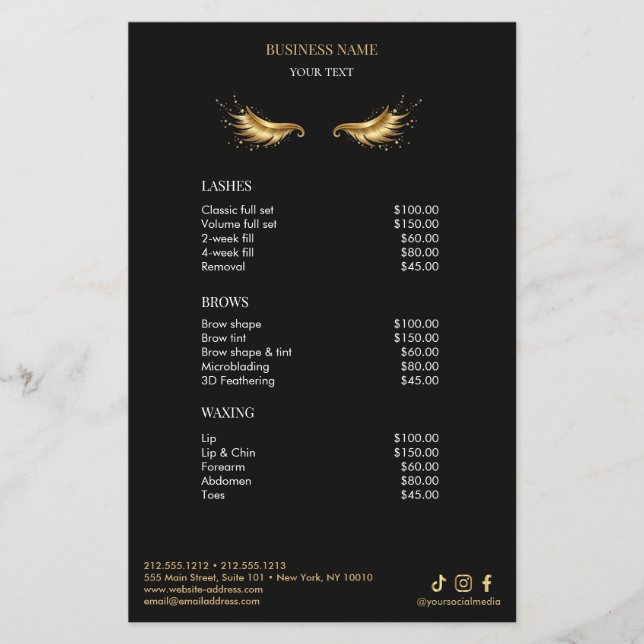 Luxury Black and Gold Salon Price List Menu Flyer (Front)