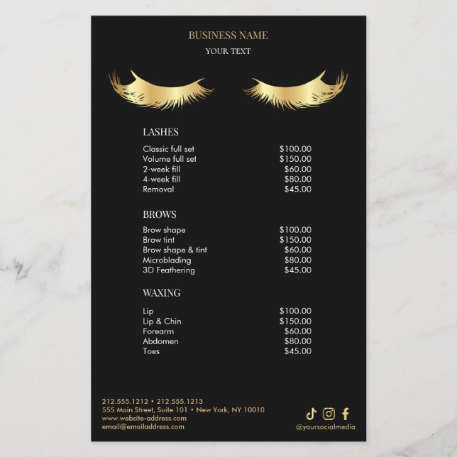 Luxury Black and Gold Salon Price List Menu Flyer (Front)