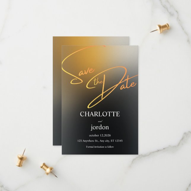 Luxury Black and Gold Save the Date Wedding Card (Front/Back In Situ)