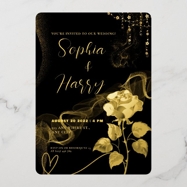 Luxury Black and Gold Script Foil Floral Wedding  Invitation (Front)