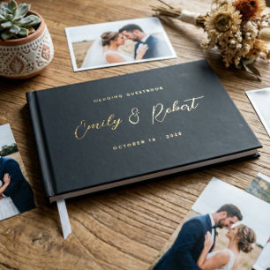 Luxury Black and Gold Script Photo Wedding Foil Guest Book
