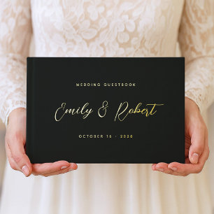 Luxury Black and Gold Script Photo Wedding Foil Guest Book