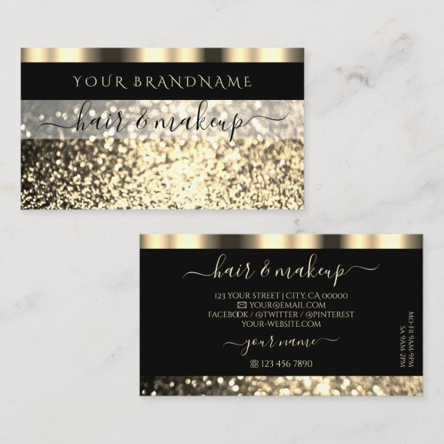 Luxury Black and Gold Sparkling Glitter Glamorous Business Card (Front/Back)