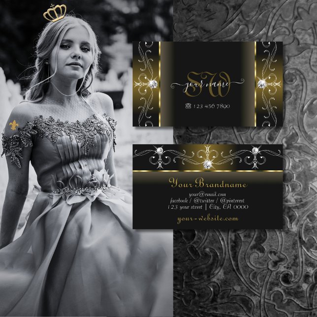 Luxury Black and Gold Squiggled Jewels Monogram Business Card (Creator Uploaded)