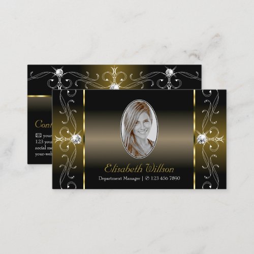 Luxury Black and Gold Squiggled Jewels with Photo Business Card