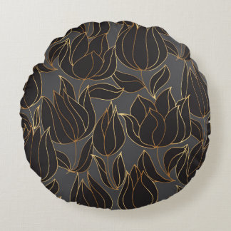 Luxury black and gold tulip floral seamless patter round pillow