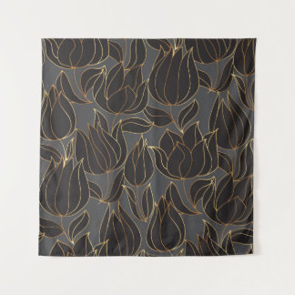 Luxury black and gold tulip floral seamless patter tapestry