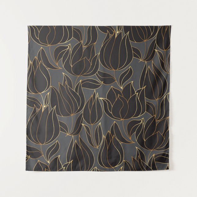 Luxury black and gold tulip floral seamless patter tapestry (Front)