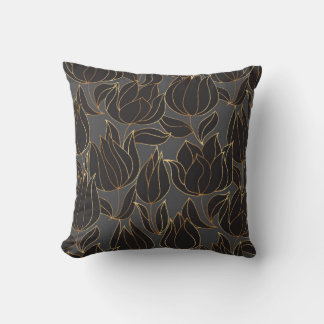 Luxury black and gold tulip floral seamless patter throw pillow