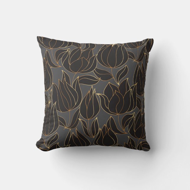 Luxury black and gold tulip floral seamless patter throw pillow (Front)
