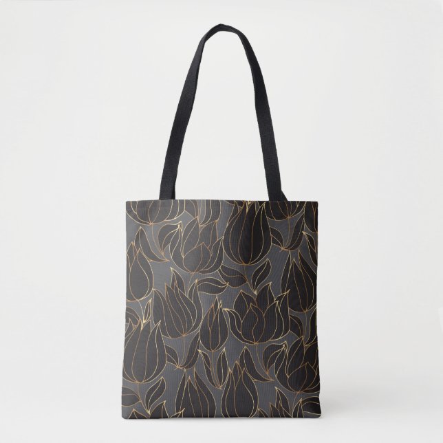 Luxury black and gold tulip floral seamless patter tote bag (Front)