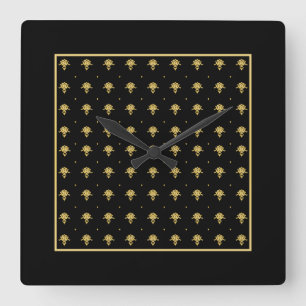 Luxury Black and Gold Vintage Damask Pattern Square Wall Clock