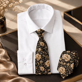 Luxury Black and Gold Vintage Floral Seamless Neck Tie