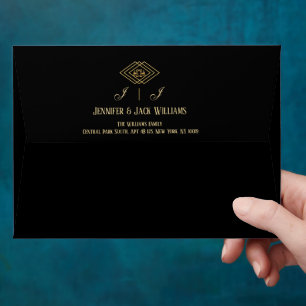 Luxury Black and Gold Wedding Envelope with Wildfl