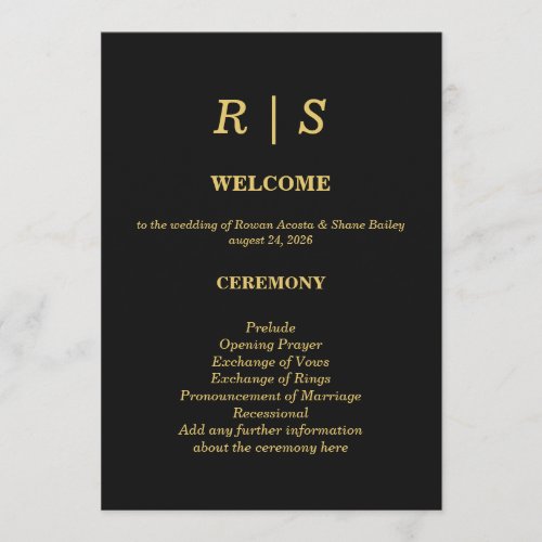 Luxury Black and Gold Wedding Program Card